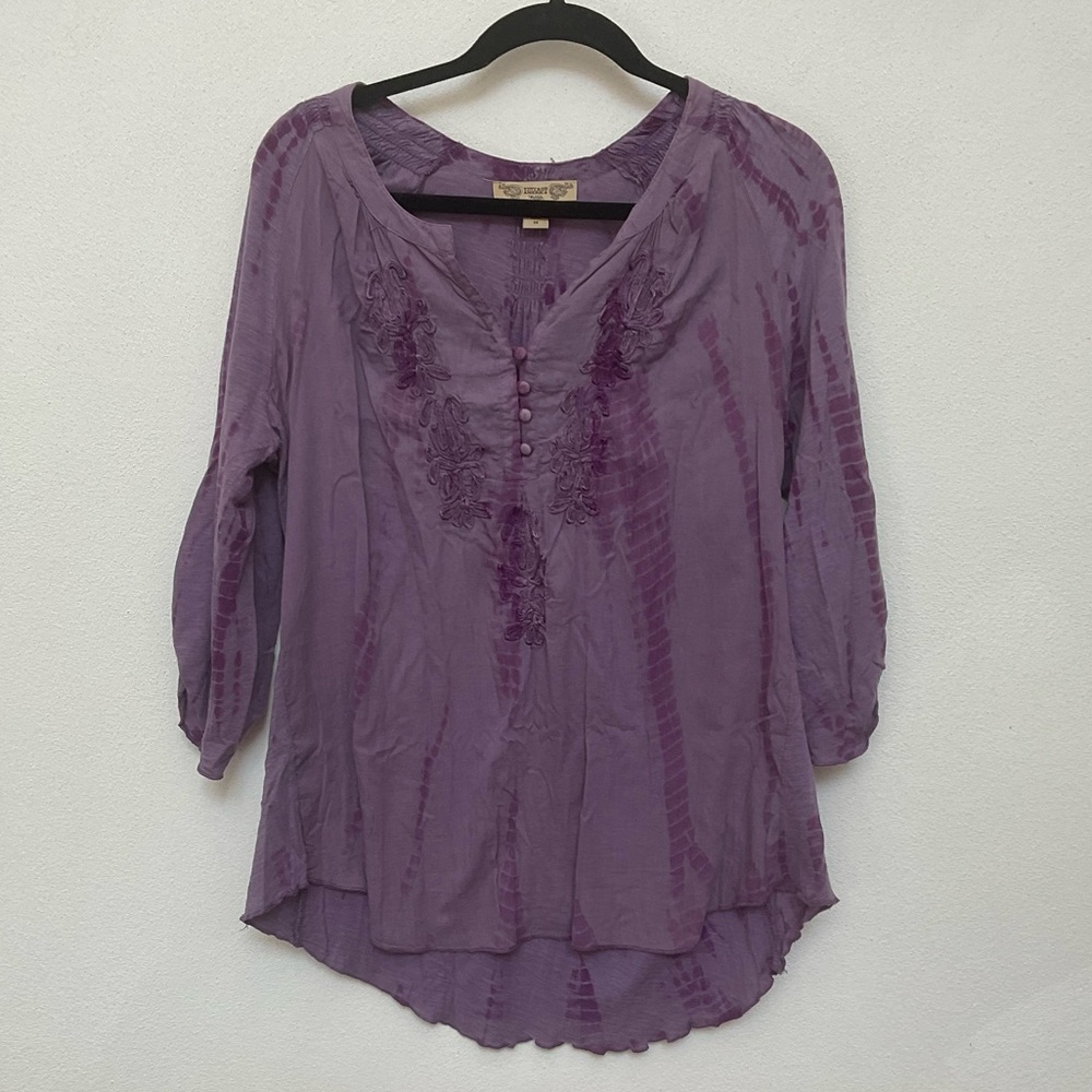Vintage America Purple Tie-Die Tab Sleeve Top Size Medium Spring Boho Light